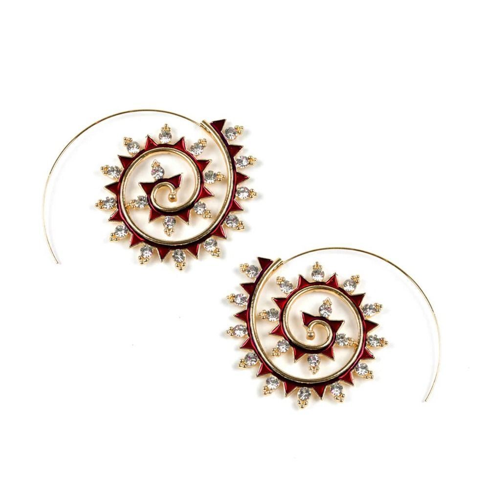 Gold Austrian Crystal Red Enamel Spiral Hoop Earrings